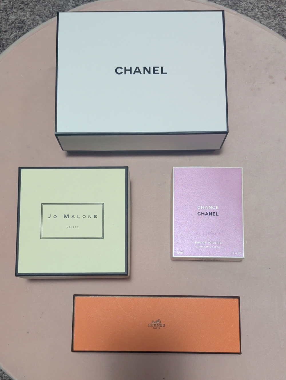 Lot Of 4 Authentic Designer Brand Mini Boxes. Chanel × 2, Jo Malone, Hermes